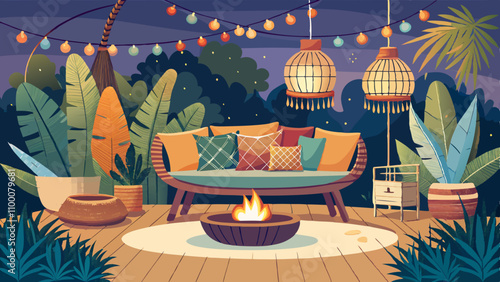 A tropical scene with a fire pit and a couch