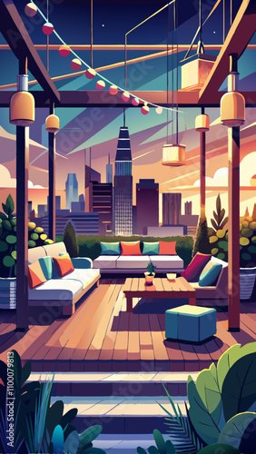 A painting of a city with a balcony and a view of the city