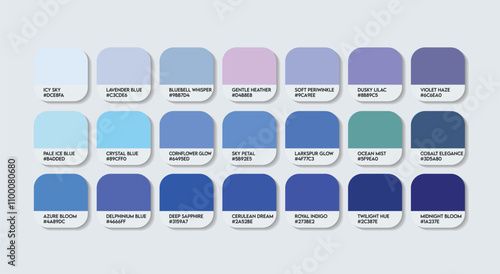 Delphinium Flower Color Palette, Delphinium Flower Color Guide Palette with Color Names. Catalog Samples of Delphinium colors with RGB HEX codes. Plastic purple Colour, Fashion Trend Blue Color tones