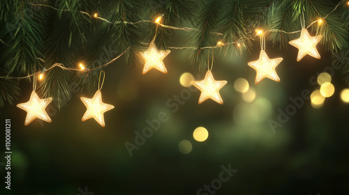 Christmas lights. Glowing stars hanging on fir branches on green blurred background. Copy space. photo