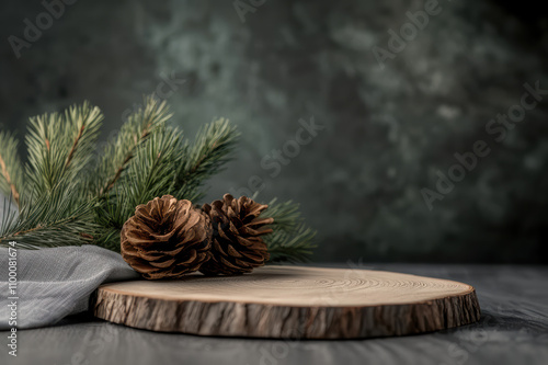 Rustic pinecone, evergreen branches, and wooden log slice with soft fabric on a dark backdrop, perfect for holiday and seasonal decorations. photo