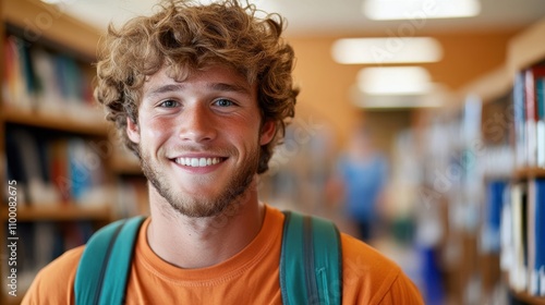 A cheerful young man with a backpack grins widely as he stands in a busy library hallway, capturing the essence of academic enthusiasm and youthful energy.