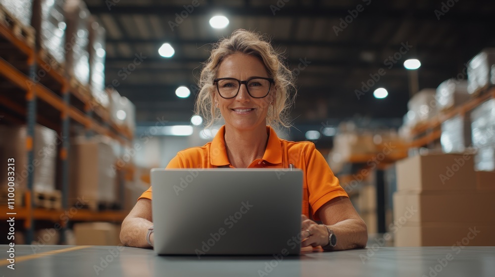 Fototapeta premium A cheerful warehouse worker wearing an orange shirt sits at a table with a laptop, surrounded by tall shelves packed with boxes, under bright industrial lighting.