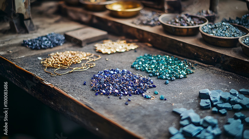 Artisan workspace with colorful gemstones, metal chains, and tools. vibrant arrangement of materials showcases creativity and craftsmanship in jewelry making