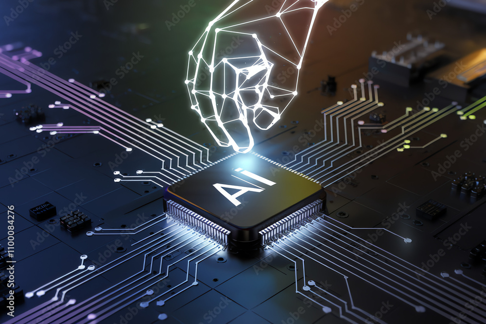 Fototapeta premium Hand touches AI processor on circuit board with glowing connections in modern technology setup