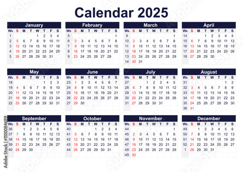 2025 Calendar with Week Numbers Vector Template