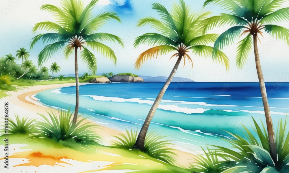 Fototapeta premium Serene tropical beach with palm trees and clear blue ocean waves