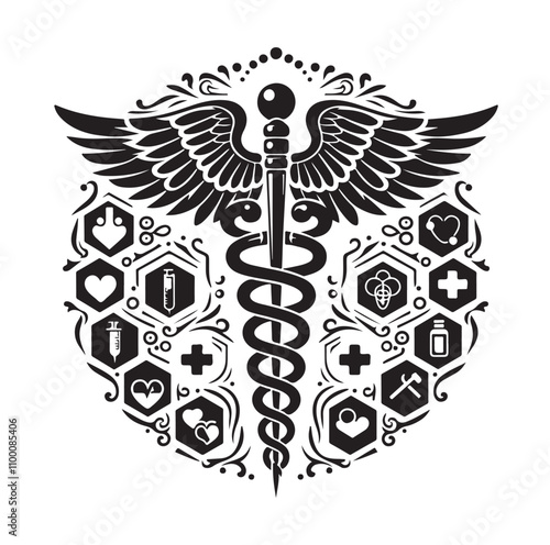 CADUCEUS SYMBOL silhouette vector illustration 
