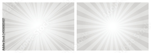gray background set with white sun ray. Pattern of starburst. Abstract texture with light of sunburst. Radial beam of sunlight. Retro background with flash. Design of sunbeams. Vector.
