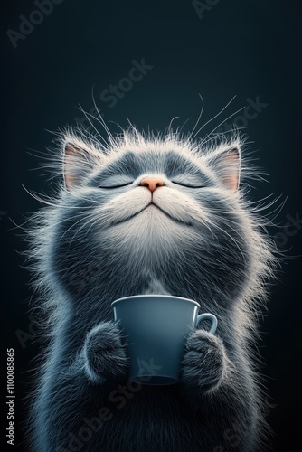 Relaxed Fluffy Cat with Coffee and a Warm, Happy Expression