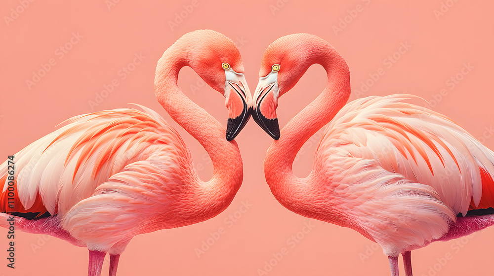 Naklejka premium Elegant Flamingo Couple, Valentine's Day Artwork, Wildlife Romance, Pink Flamingo Print, Flamingos in Love, Perfect Romance Art, Flamingo