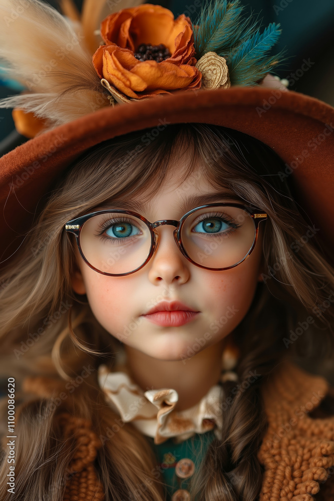 Fototapeta premium A little girl wearing a brown hat and glasses