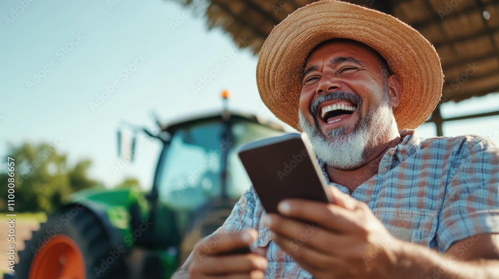 Fototapeta premium A senior farmer with a gray beard and a straw hat holds a mobile phone, smiling broadly in a field by a green tractor on a sunny afternoon.