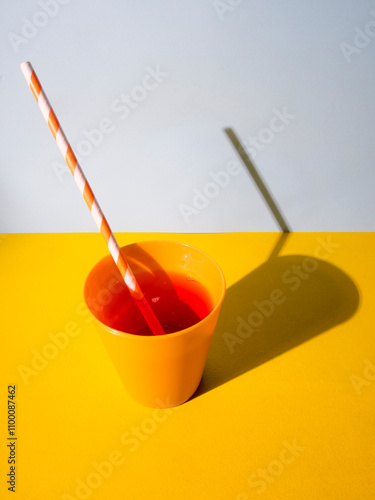 A yellow plastic cup filled with red lemonade and a colorful straw sits on a yellow and light blue background. The hard light creates long shadows, evoking a warm, summery atmosphere.