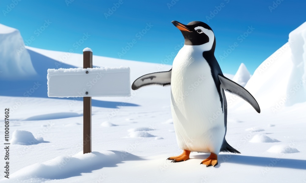 Obraz premium Penguin standing by blank sign in snowy antarctic landscape