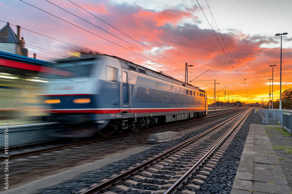Fototapeta premium Sunset train approaching station with dynamic motion blur in the foreground