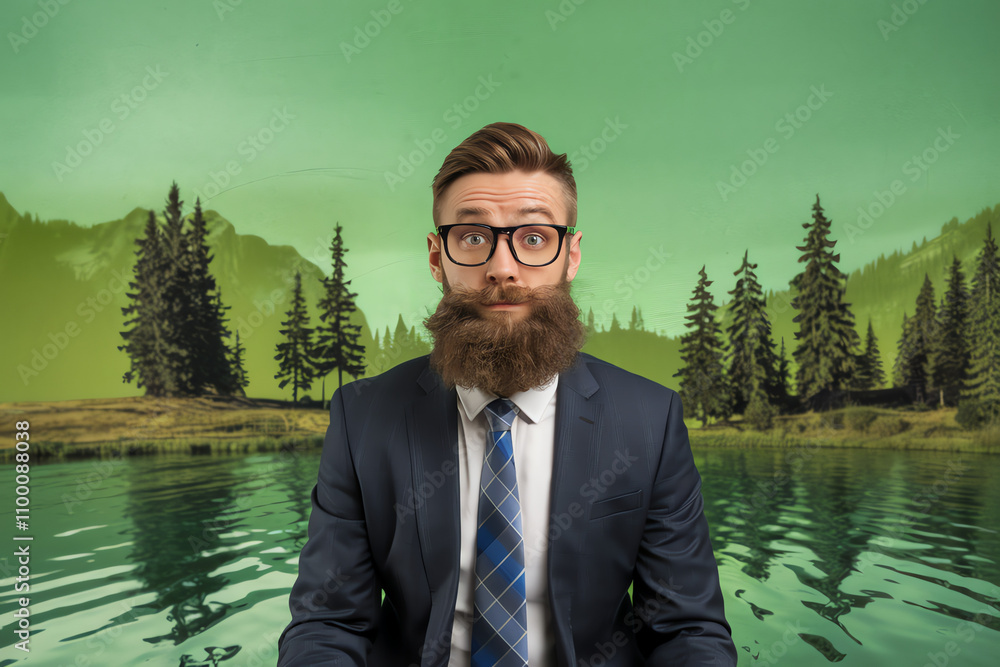 Fototapeta premium Businessman with beard poses in front of a serene green landscape near water reflecting trees