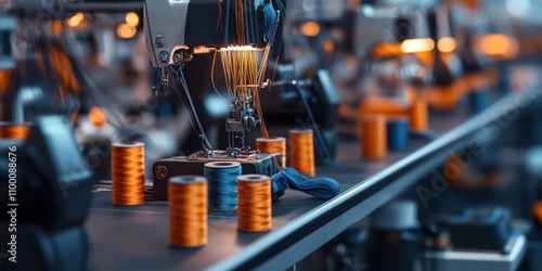 Industrial sewing action in vintage garment factory modern design textile manufacturing indoor close-up focus photo