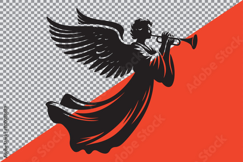 A black silhouette of an angel playing a trumpet.