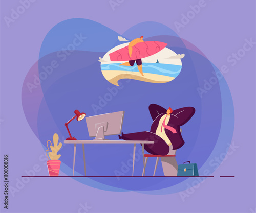 Business person relaxing and thinking of vacation. Smiling man at work dreaming of holiday on island flat vector illustration. Vacation, holiday concept for banner, website design or landing web page