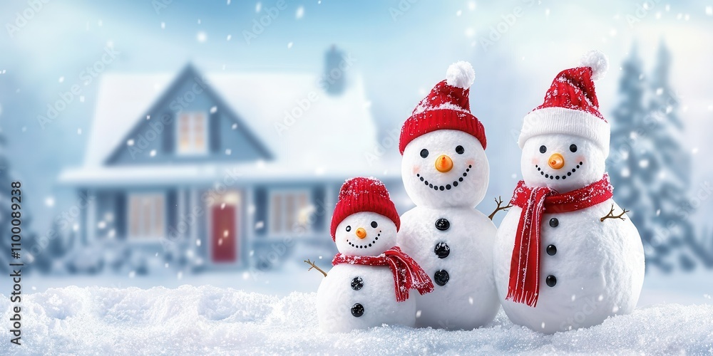 Fototapeta premium A cheerful snowman family in a snowy yard with a cozy house in the background