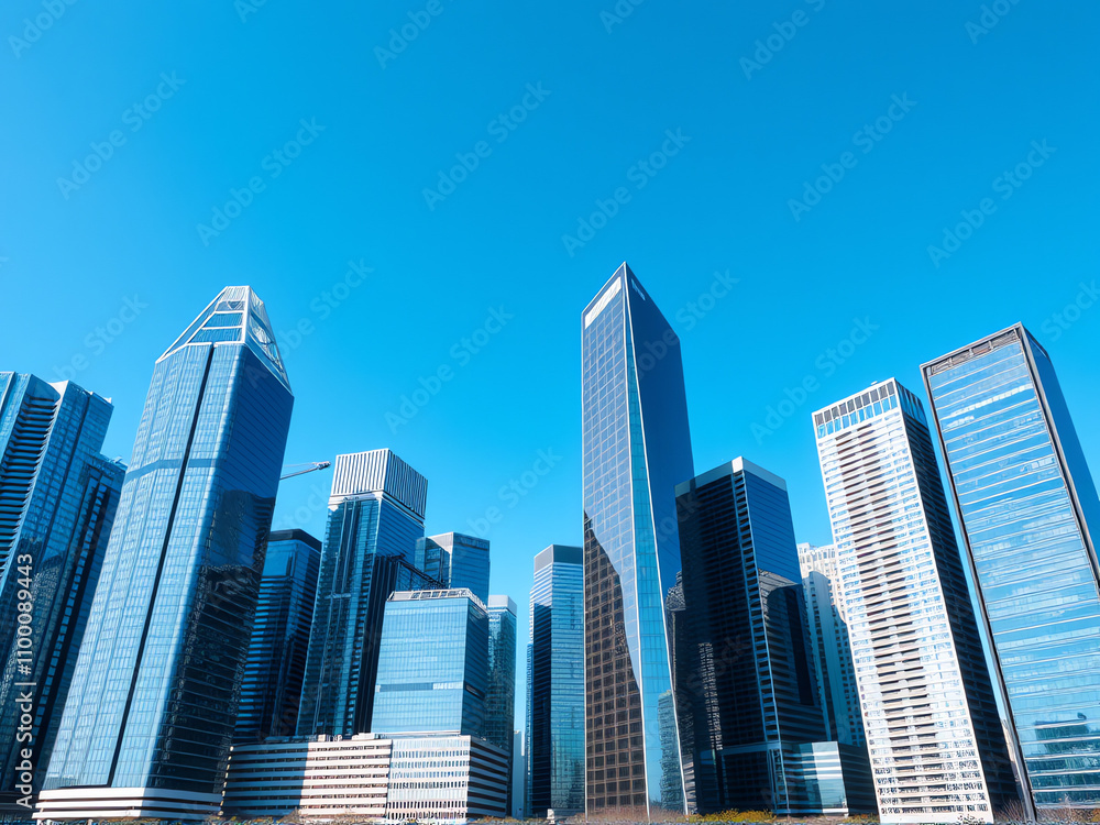 Modern skyscrapers rise against a clear blue sky in a vibrant city skyline Modern skyscrapers rise against a clear blue sky in a vibrant city skyline