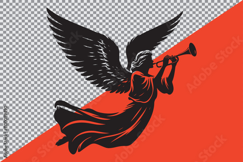 A black silhouette of an angel playing a trumpet.