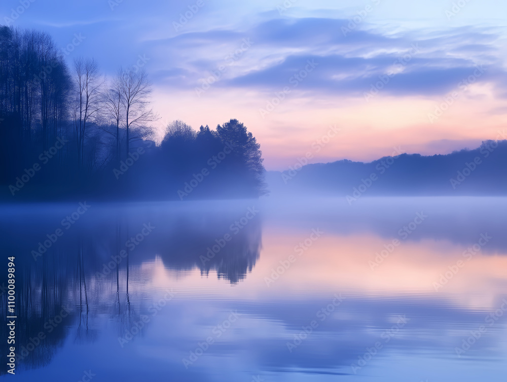 Fototapeta premium serene lake surrounded by forest during blue hour