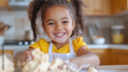 A cute girl enjoys making dough in a kitchen, with a big smile and flour on her face, engaging in playful fun and creative skills development. photo