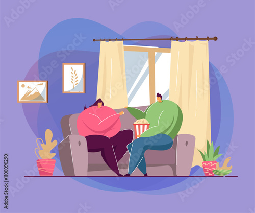 Cartoon couple eating popcorn at home. Flat vector illustration. Man and woman sitting on cozy couch in living room, spending evening time together. Family, food, weekend concept for banner design