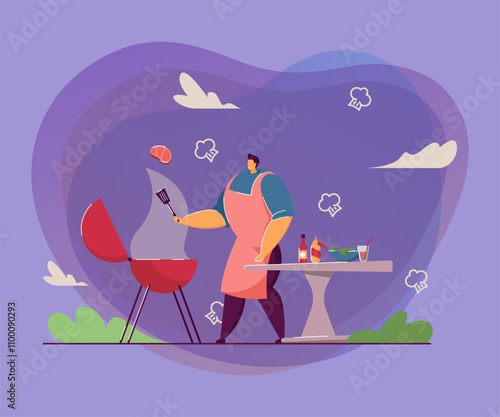 Cartoon man cooking meat steak, doing BBQ outdoor. Flat vector illustration. Person frying or grilling shashlik or square. Food, cooking, picnic concept for banner design or landing page