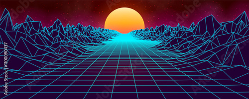 Futuristic landscape with mountains and sunset. 80s retro neon concept. Vector illustration.