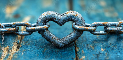 A chain with a heart shape in the middle. The chain is rusty and the heart is made of metal