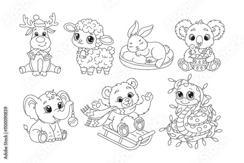 Cute animals. Set. Illustration. Vector black and white images. photo