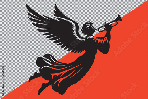 A black silhouette of an angel playing a trumpet.