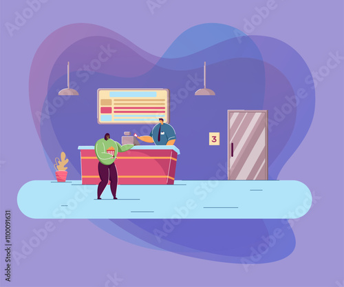 Cinema worker and woman at counter. Flat vector illustration. Girl with popcorn buying ticket by cashier, holding 3D glasses for watching movie. Entertainment, theatre, advertising, art concept
