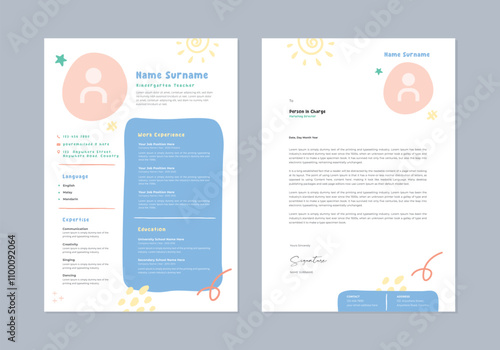 Modern clean colorful cv resume for teacher. Vector job application template.
