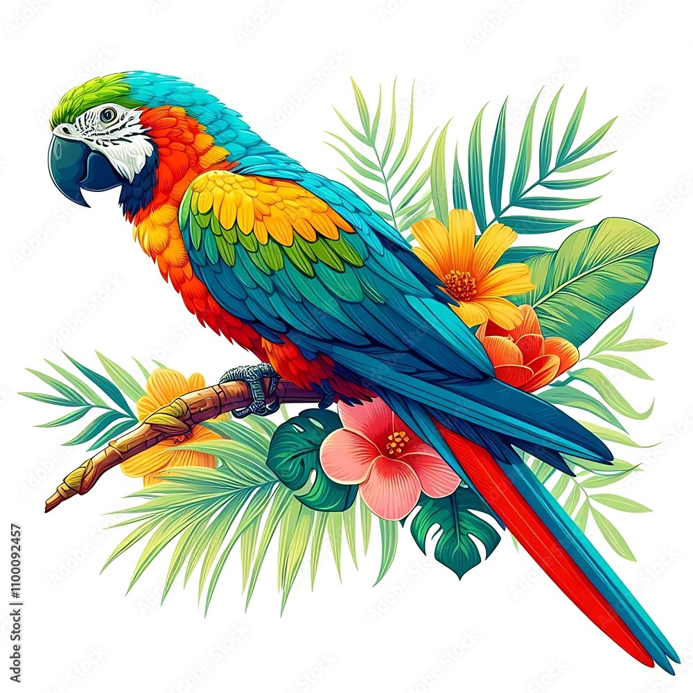 Obraz premium Vibrant parrot amidst tropical foliage and flowers.