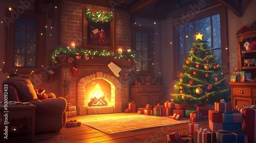 A cozy living room with a glowing fireplace, a Christmas tree, and gift boxes scattered around photo