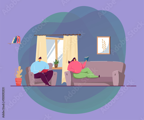 Couple resting on sofa in living room flat vector illustration. Man sitting on armchair with laptop, woman lying on coach and reading book at home. Family, home, togetherness, apartment interior conce