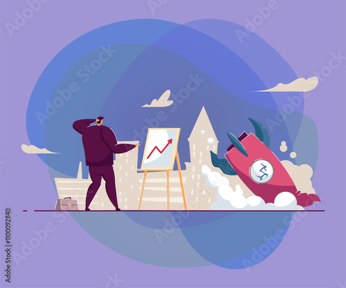 Confused employee facing business failure. Flat vector illustration. Businessman looking at diagram near crushed rocket symbolizing bankrupt or strategy fail. Business, startup, problem concept