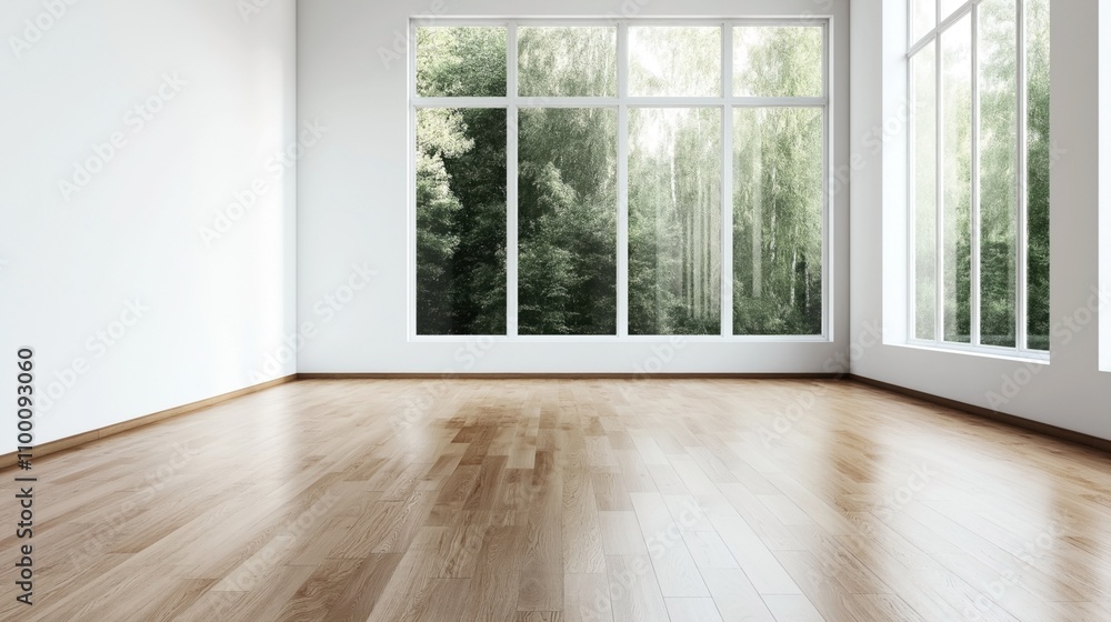 Fototapeta premium Spacious empty room with large windows providing natural light and view of green trees, featuring a light-colored hardwood floor and clean white walls