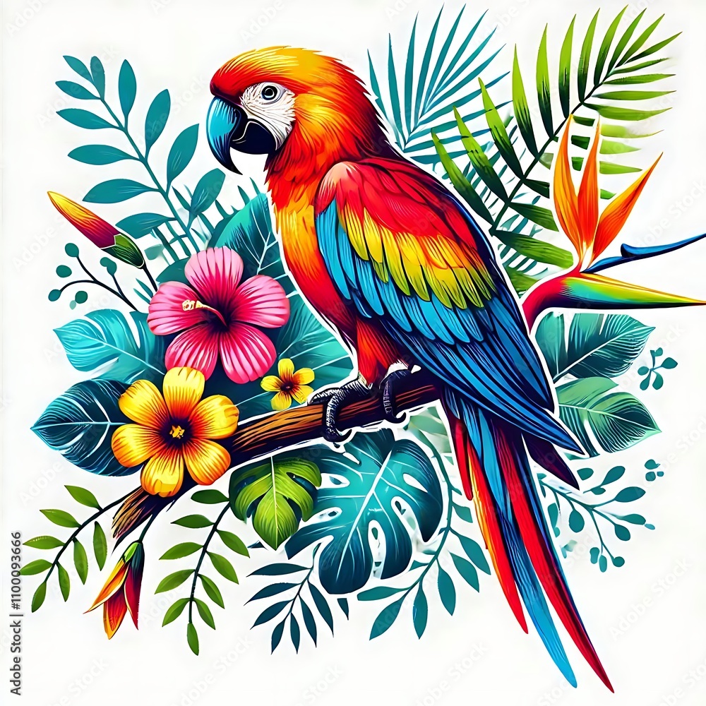 Obraz premium Colorful parrot amidst tropical foliage and flowers.