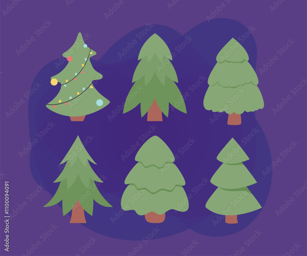 Obraz premium Fir trees of different shapes vector illustrations set. Cartoon drawings of spruce for Christmas, tree with baubles and garland isolated on white background. Nature, Christmas, winter holidays concept