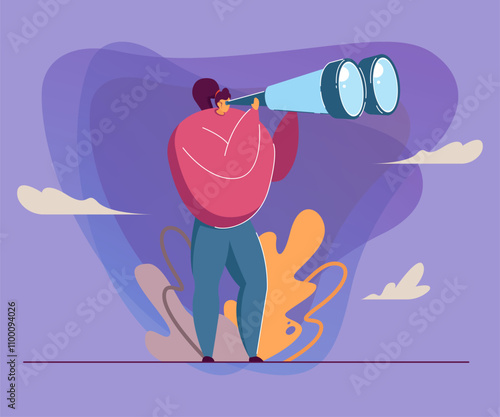 Girl looking through binocular far ahead vector illustration. Woman standing and seeing sights from afar. Clouds, bushes in background. Tourist, explorer concept