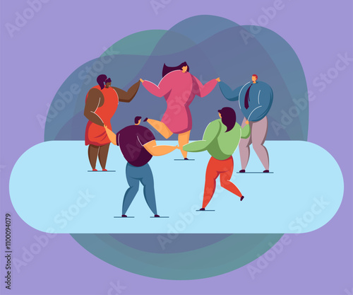 Group of people in round dance. Flat vector illustration. Multinational friends holding hands and dancing together. Multicultural society, friendship, dance concept for banner design, landing page