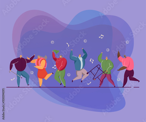 Group of happy old people jumping and dancing. Elders having fun to music, aged men and women at party flat vector illustration. Dance club concept for banner, website design or landing web page