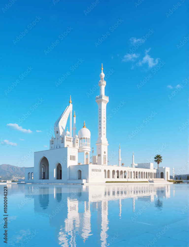 Naklejka premium Modern white mosque with sleek design reflected in clear water