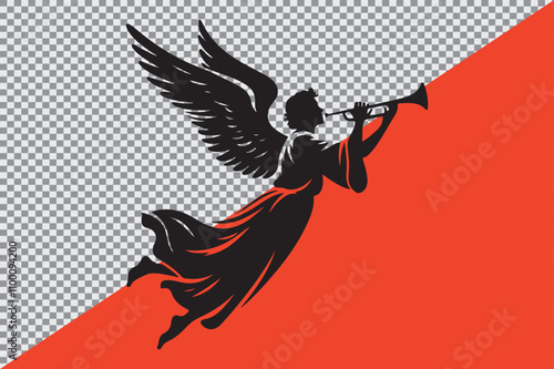 A black silhouette of an angel playing a trumpet.