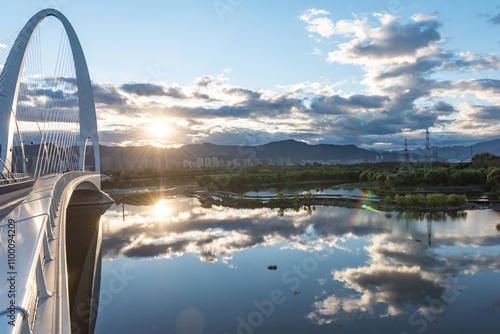 bridge and river with sunset